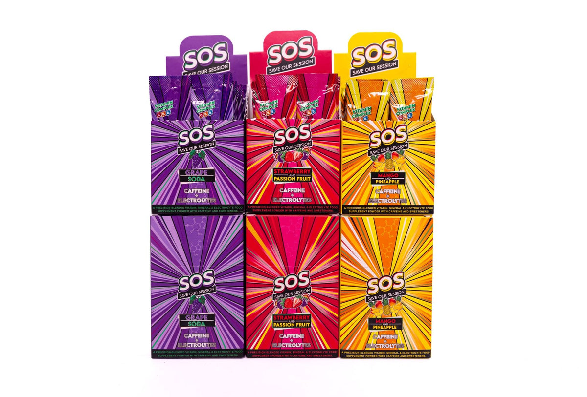 the full SOS set — grape soda, mango & pineapple and strawberry & passion fruit cartons