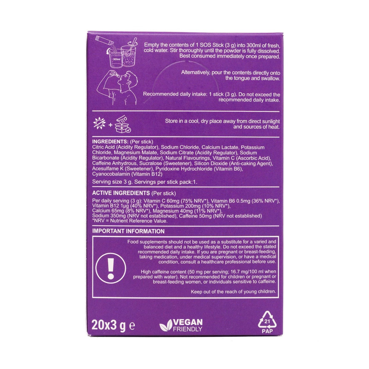 back of the SOS Grape Soda carton — directions, ingredients and warnings