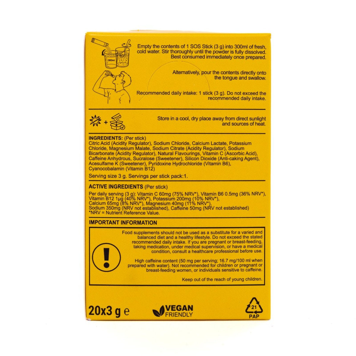 back of the SOS Mango & Pineapple carton — directions, ingredients and warnings