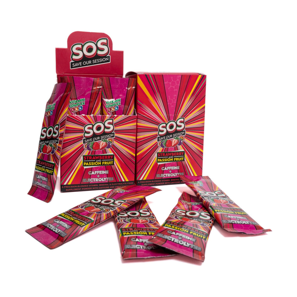 SOS Strawberry & Passion Fruit carton with stick packs